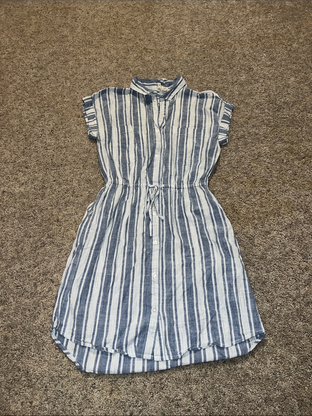 Striped Blue & White Button-Front Tie-Waist Casual Dress
